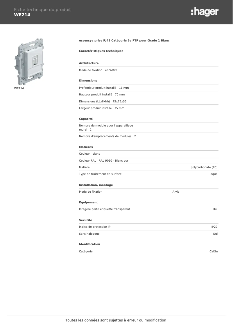 Page n°1 - Fiche technique Hager WE214