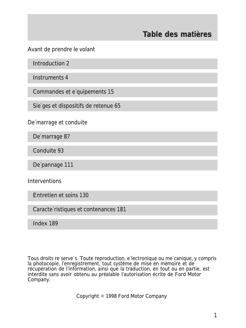 Page 1 de la notice Manuel utilisateur Ford Escort (1999)