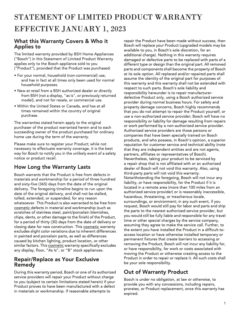 Page 1 of the manual Warranty Information Bosch HSLP451UC