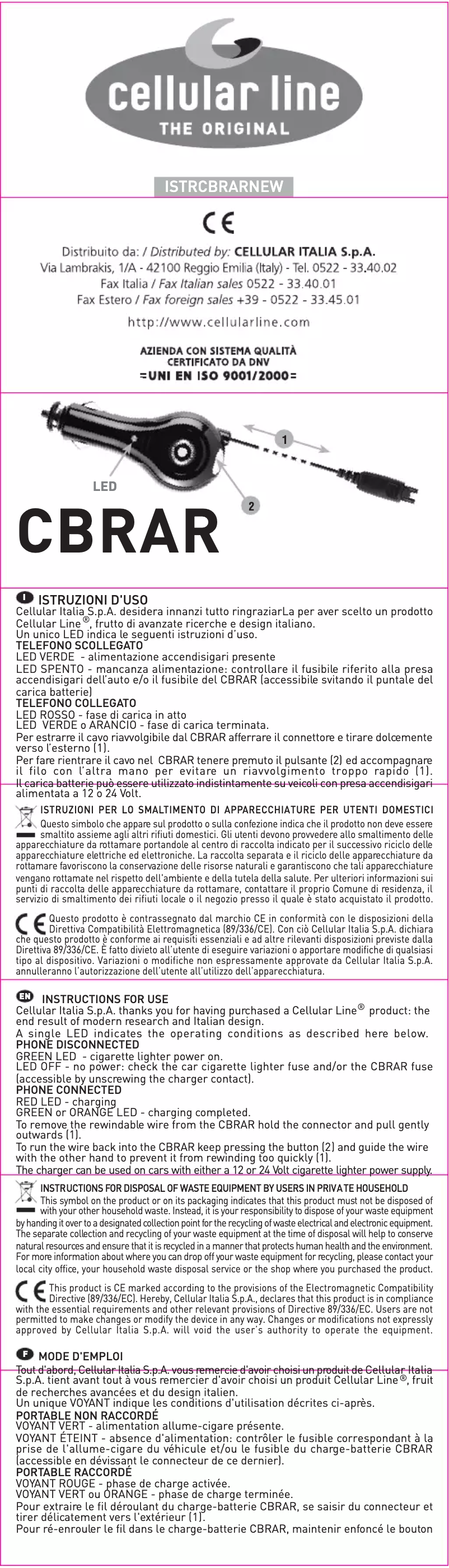 Page 1 de la notice Manuel utilisateur Cellular Line CBRARLGKG800