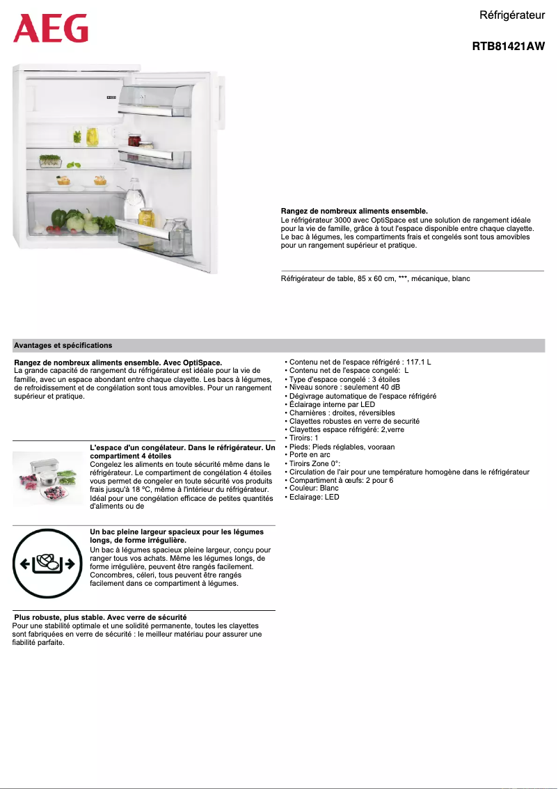 Page 1 de la notice Fiche technique AEG RTB81421AW