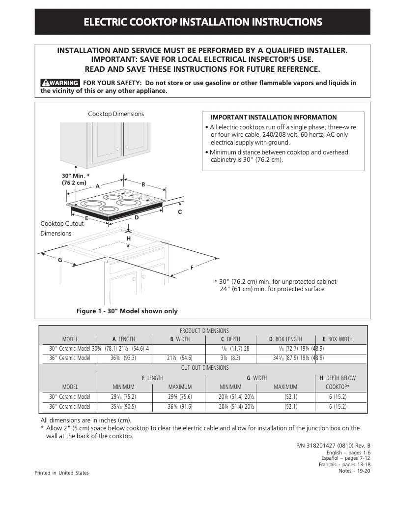 Page 1 de la notice Guide d'installation Frigidaire PLEC36S9EC