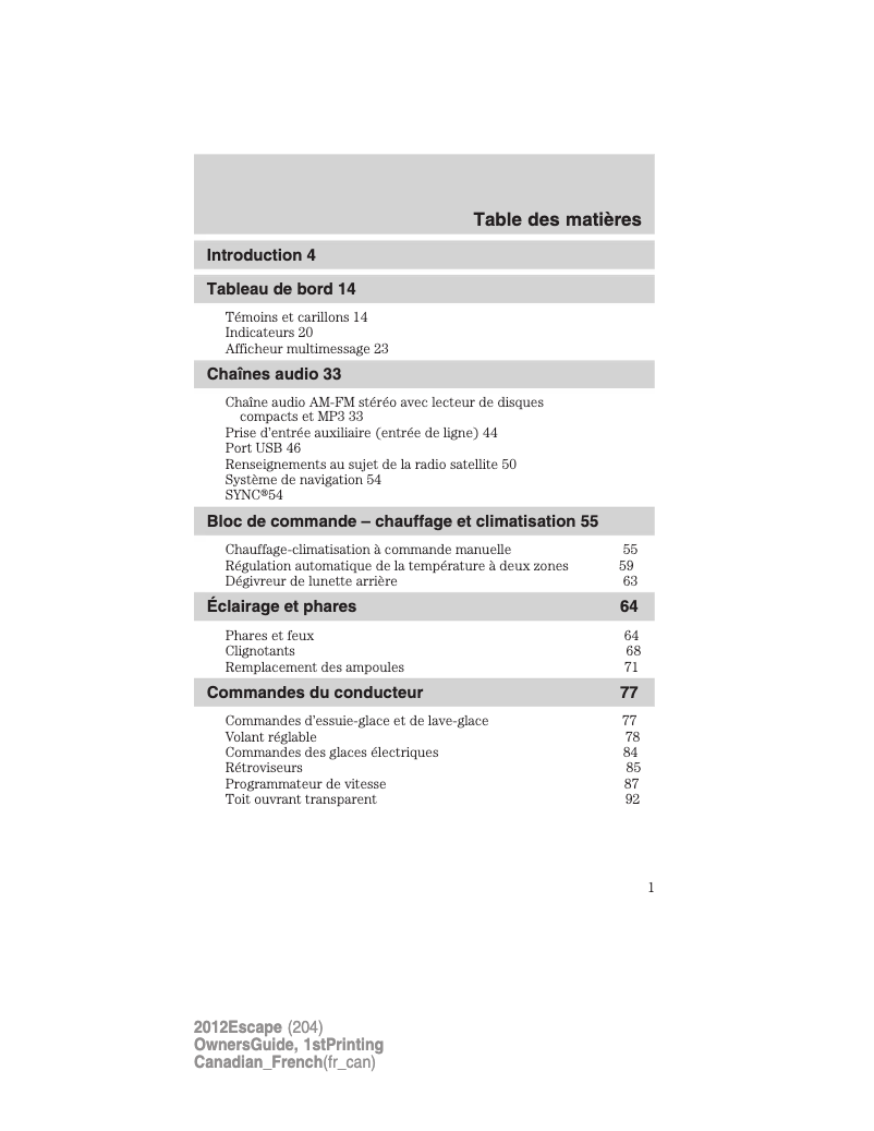 Page 1 de la notice Manuel utilisateur Ford Escape (2012)