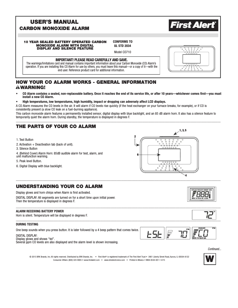 Page 1 de la notice Manuel utilisateur First Alert CO710