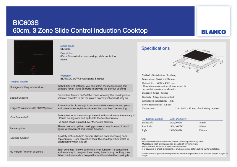 Page n°1 - Fiche technique BLANCO BIC603S