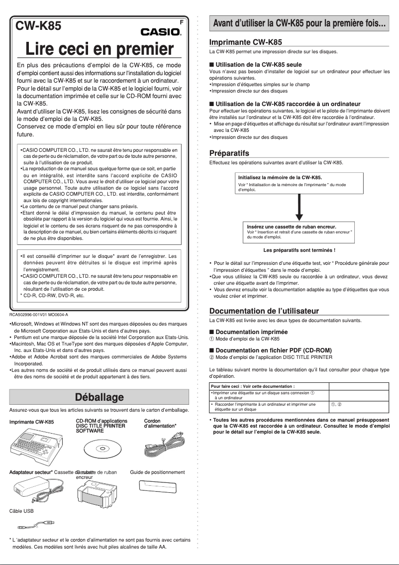 Image de la première page du manuel de l'appareil CW-K85