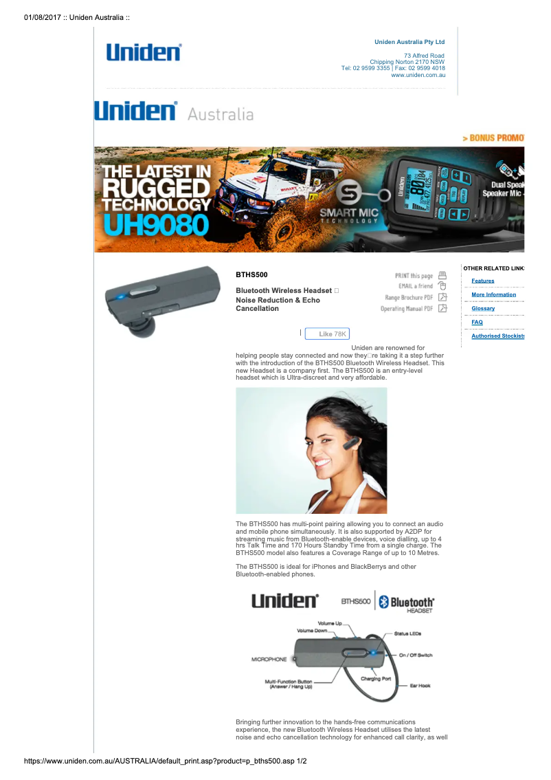 Page 1 de la notice Manuel utilisateur Uniden BTHS 500