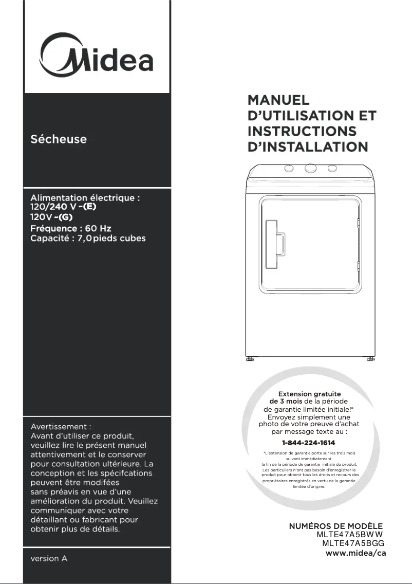Image de la première page du manuel de l'appareil MLTE47A5BWW