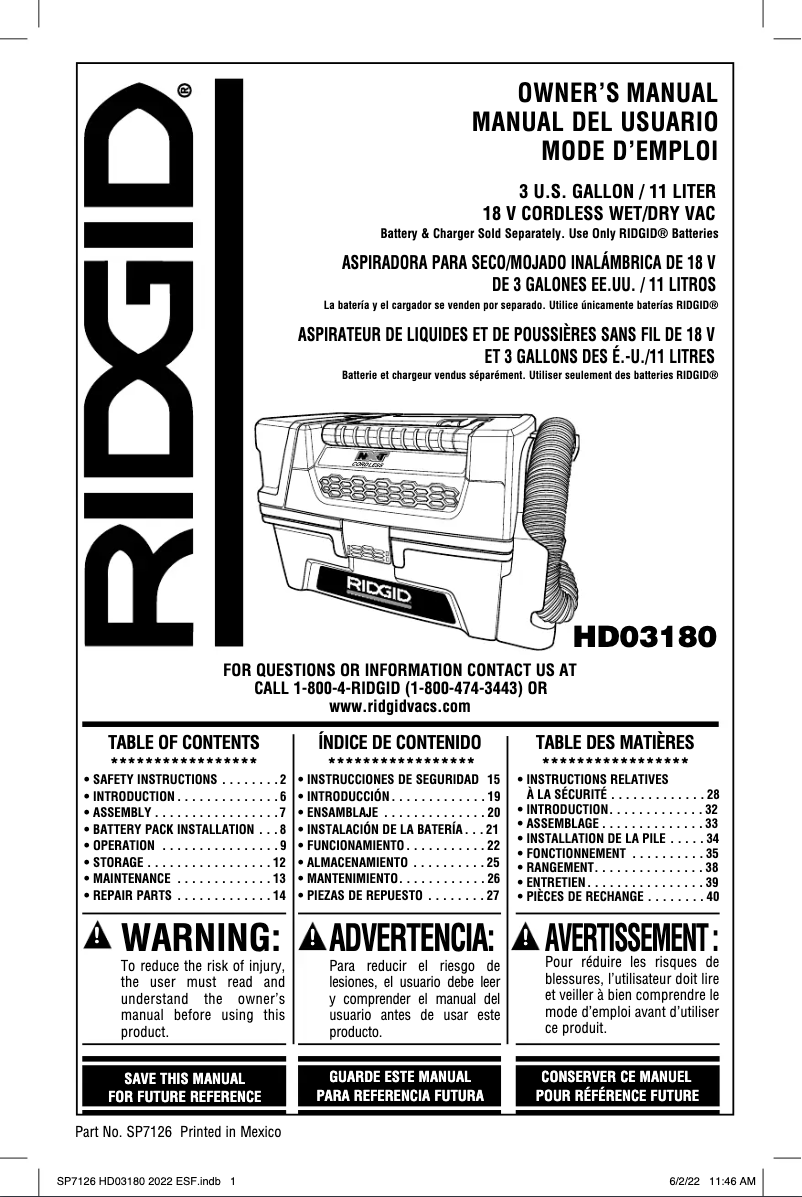 Page 1 de la notice Manuel utilisateur Ridgid HD03180