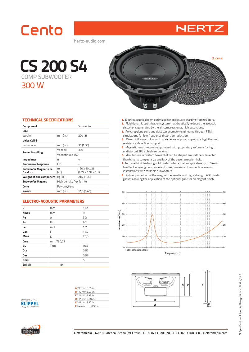 Page 1 de la notice Fiche technique Hertz Cento CS 200 S4