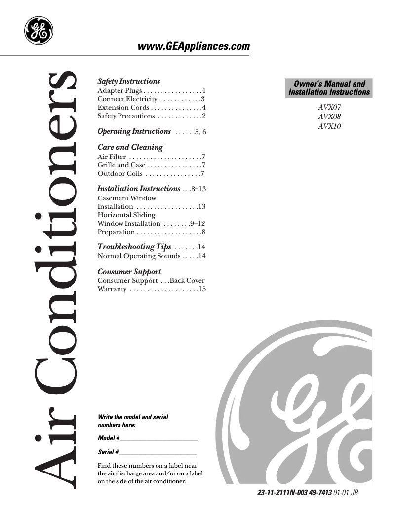 Page n°1 - Manuel d'utilisation et d'entretien GE AVX08FC