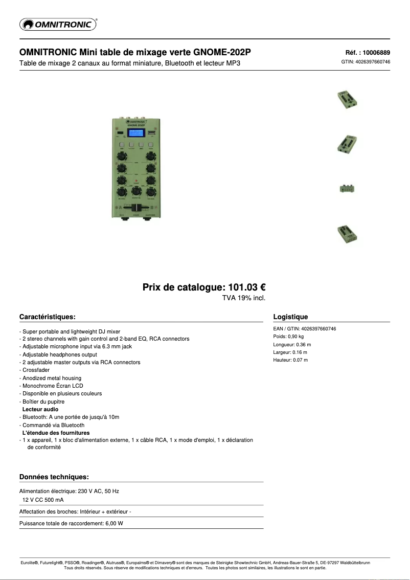 Page 1 de la notice Fiche technique Omnitronic GNOME-202P