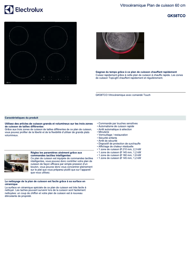 Page 1 de la notice Fiche technique Electrolux GK58TCO