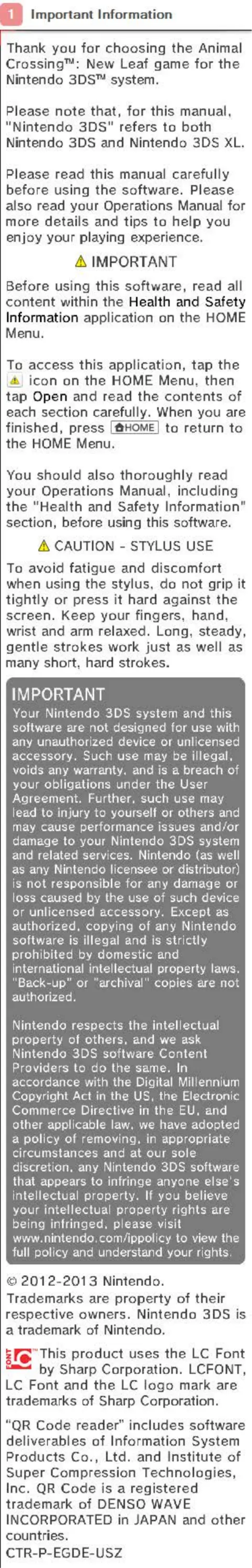 Page 1 de la notice Manuel utilisateur Nintendo Animal Crossing - New Leaf (3DS)