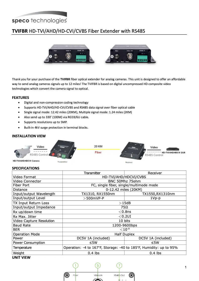 Page 1 de la notice Manuel utilisateur Speco Technologies TVIFBR