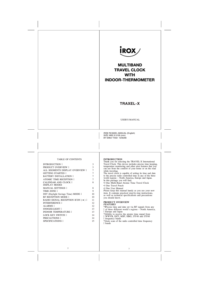 Page 1 de la notice Manuel utilisateur Irox TRAXEL-X