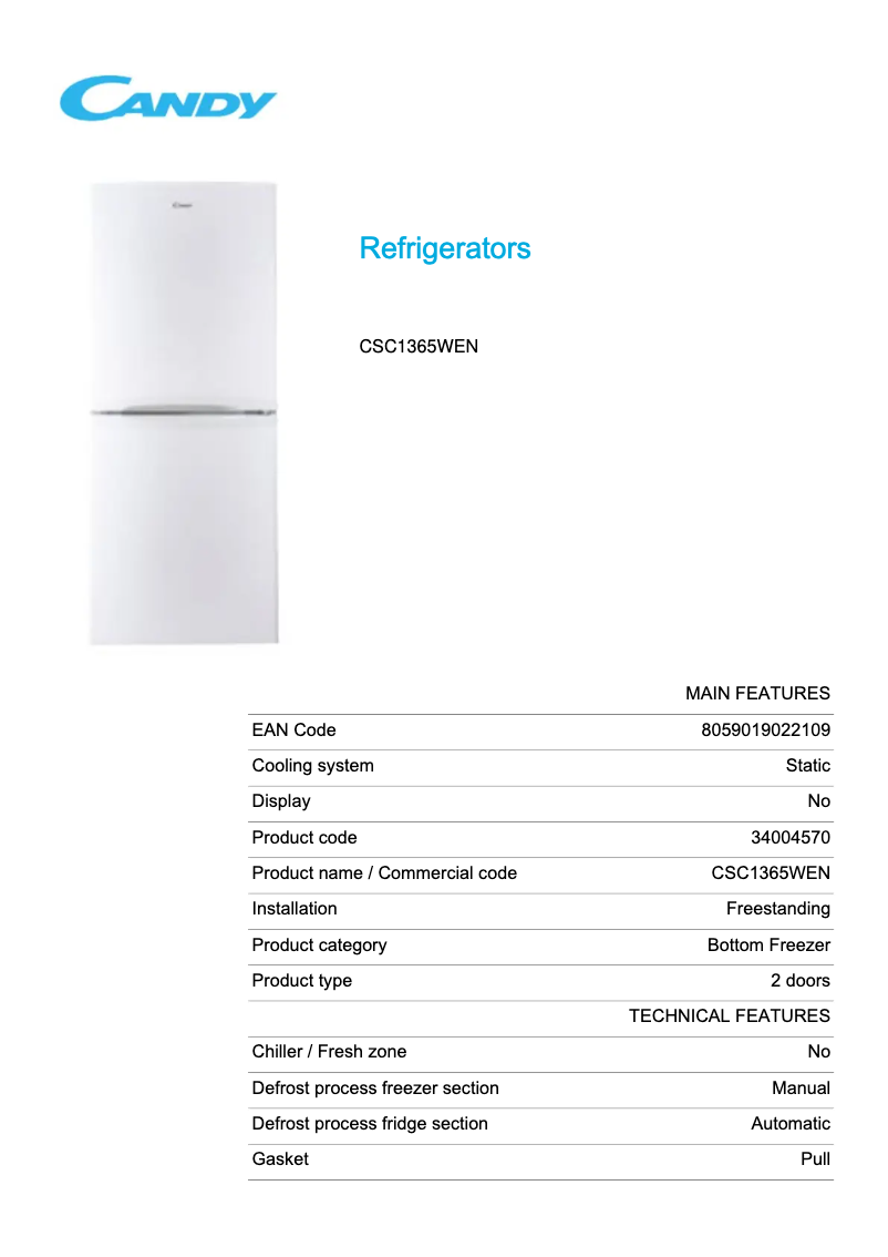 Page 1 de la notice Fiche technique Candy CSC1365WEN