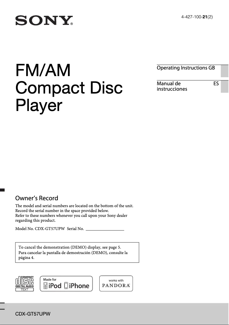 Page 1 de la notice Manuel utilisateur Sony CDX-GT57UPW