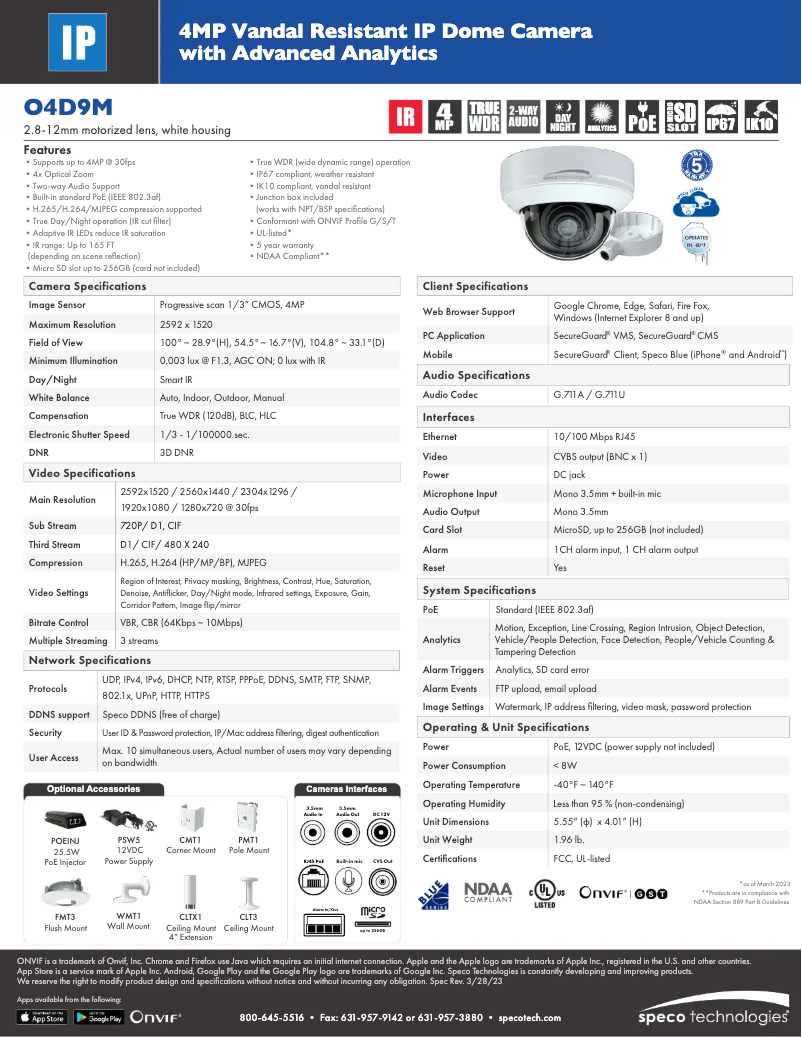 Page n°1 - Fiche technique Speco Technologies O4D9M