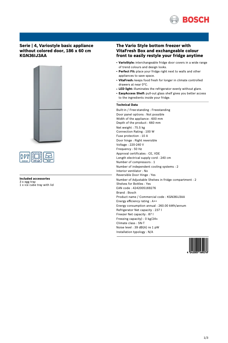 Page 1 de la notice Fiche technique Bosch KGN36IJ3A