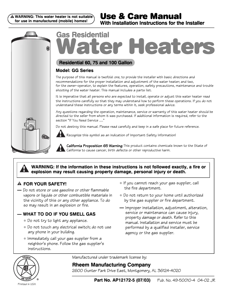 Page 1 de la notice Manuel d'utilisation et d'entretien GE GG75T06ANF00