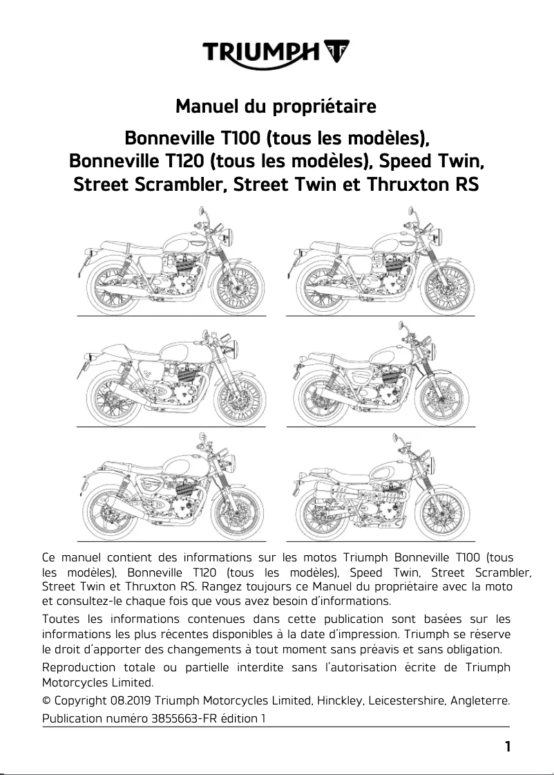 Image de la première page du manuel de l'appareil Bonneville T100 (2018)