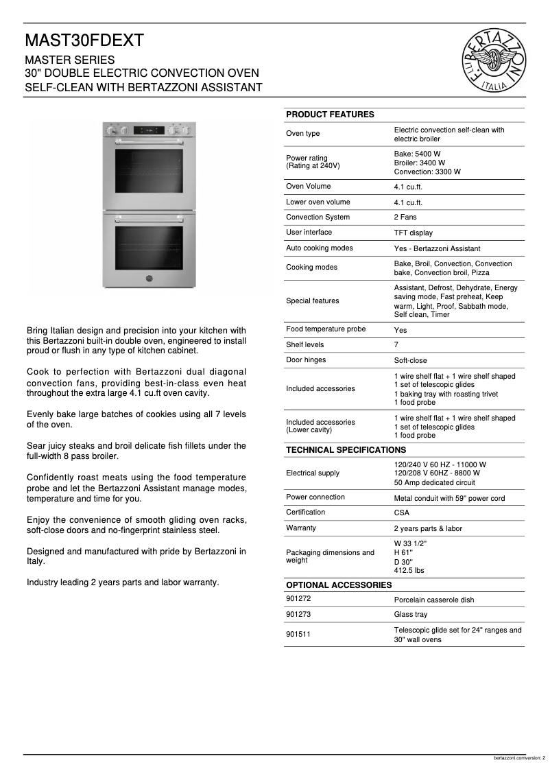 Page 1 de la notice Fiche technique Bertazzoni MAST30FDEXT