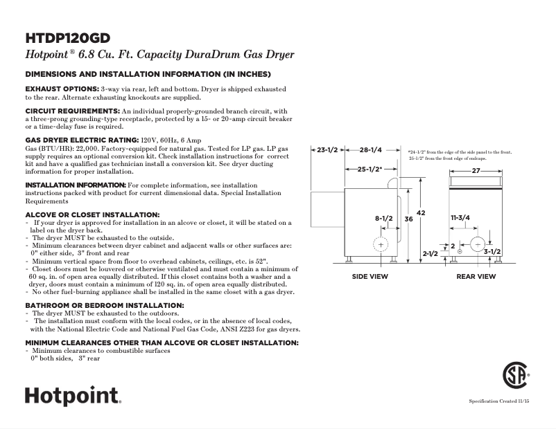 Page n°1 - Fiche technique Hotpoint HTDP120GDWW