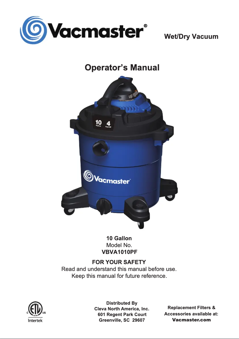 Page n°1 - Manuel utilisateur Vacmaster VBVA1010PF