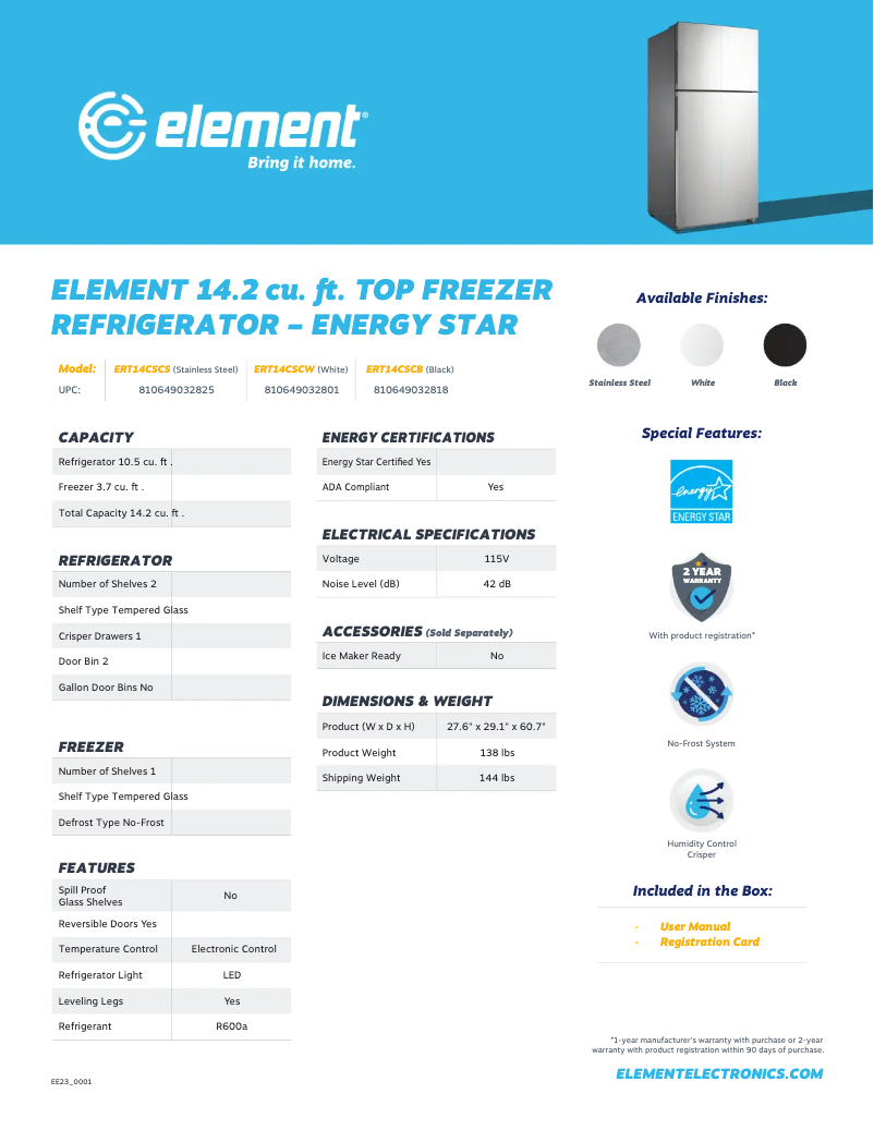 Page 1 de la notice Fiche technique Element ERT14CSCB