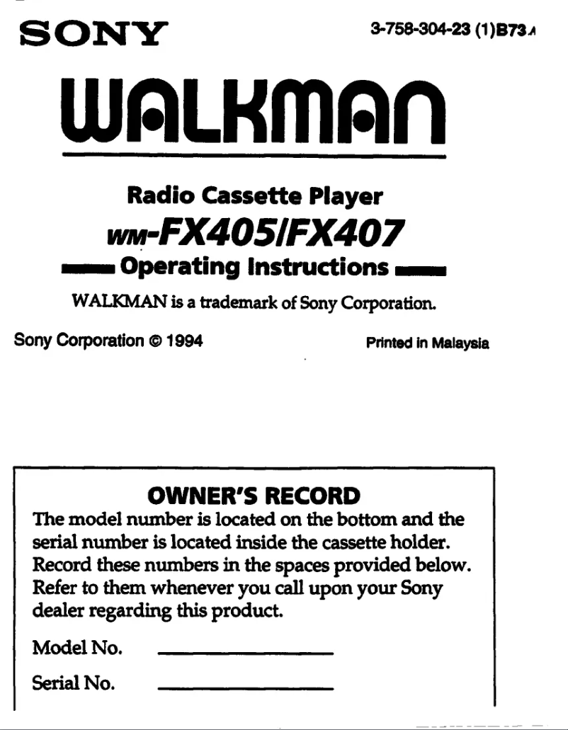 Image de la première page du manuel de l'appareil Walkman WM-FX405