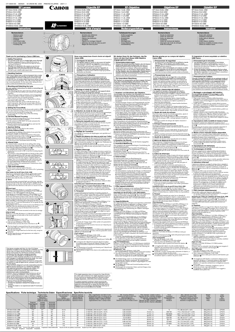 Page 1 de la notice Manuel utilisateur Canon EF 50mm f/1.4 USM