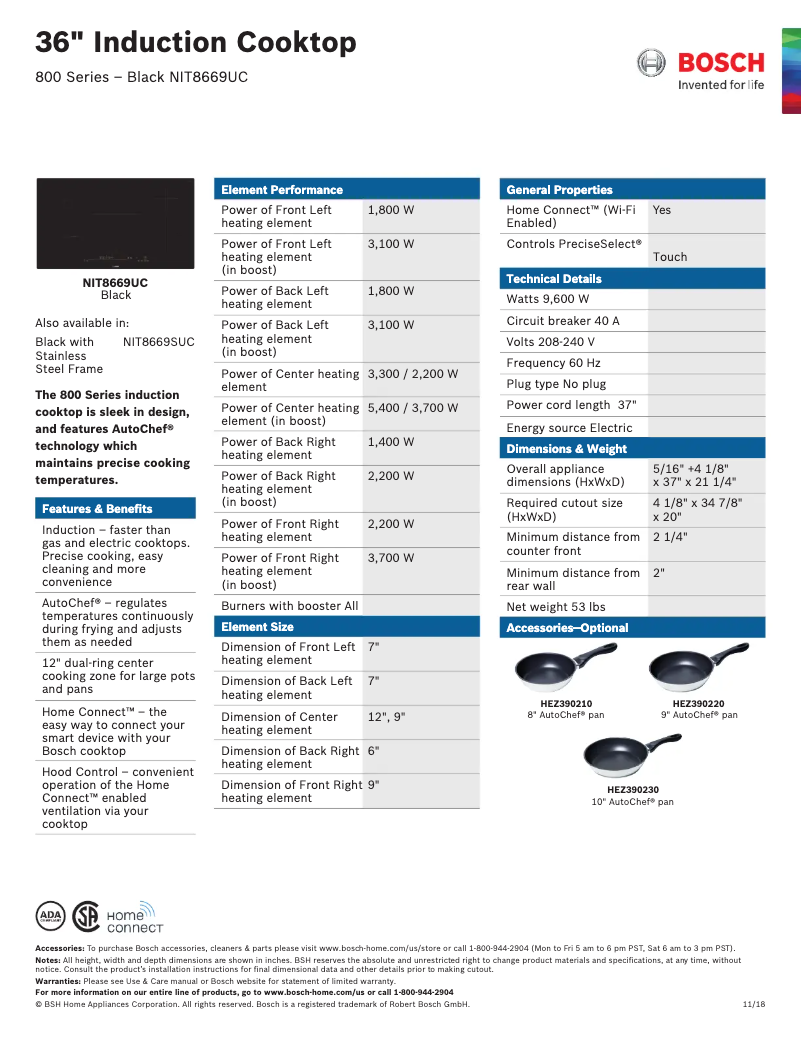 Page 1 de la notice Fiche technique Bosch NIT8669UC