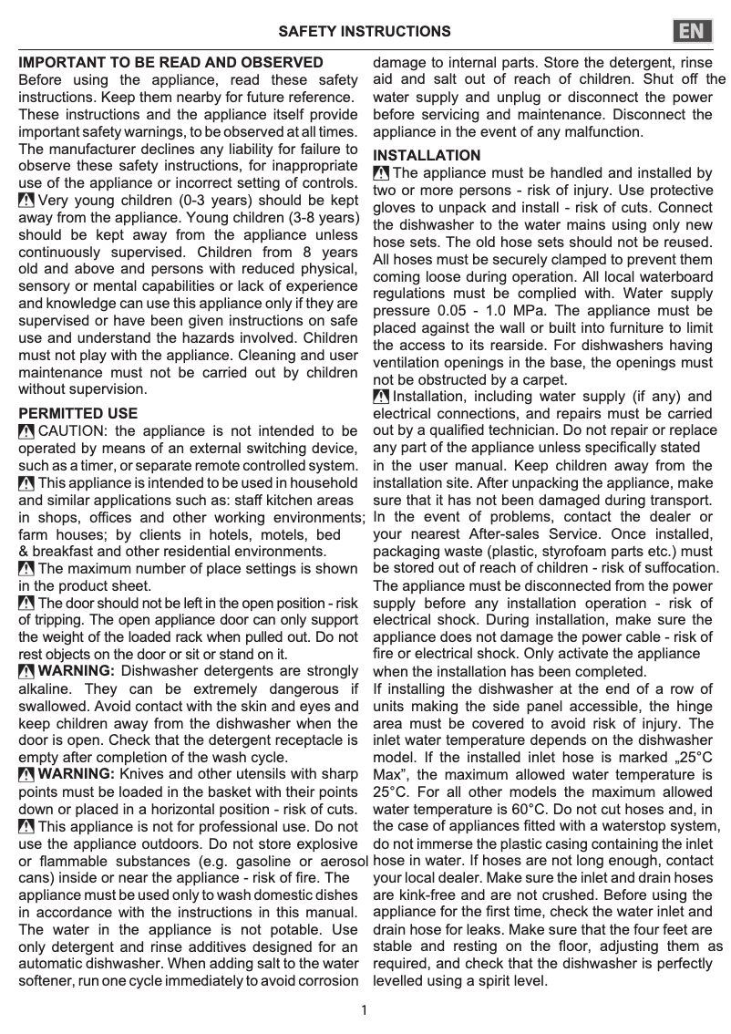 Page 1 de la notice Instructions de sécurité Indesit DIO 3T131 A FE X