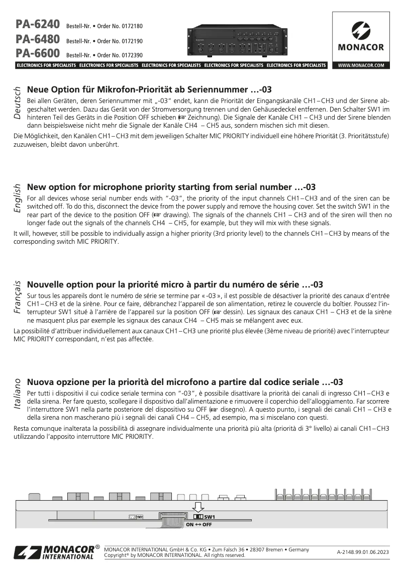 Page 1 de la notice Manuel utilisateur Monacor PA-6000RC