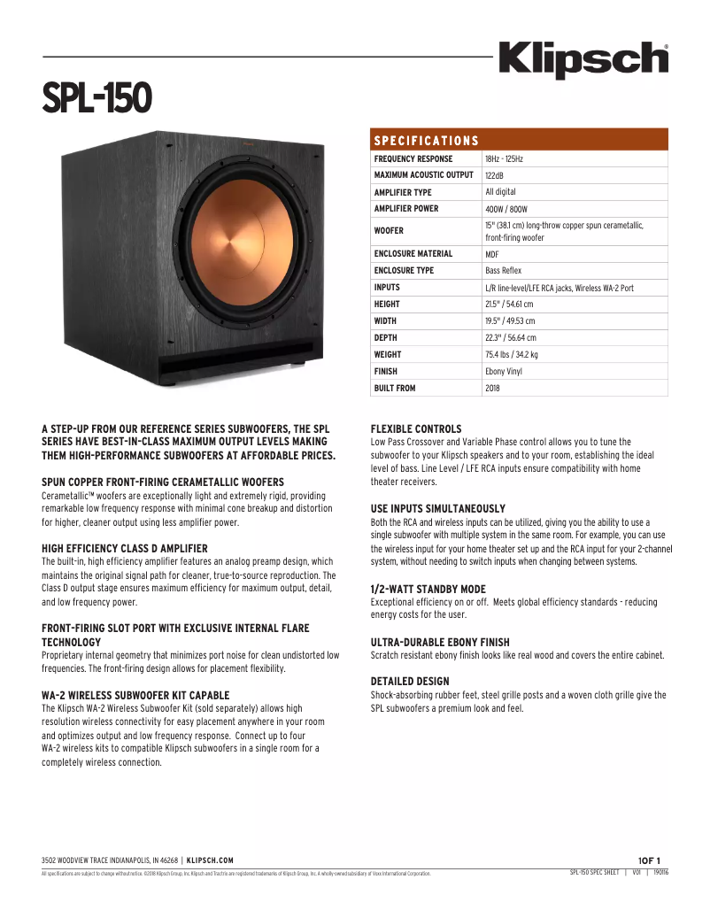 Page 1 de la notice Fiche technique Klipsch SPL-150