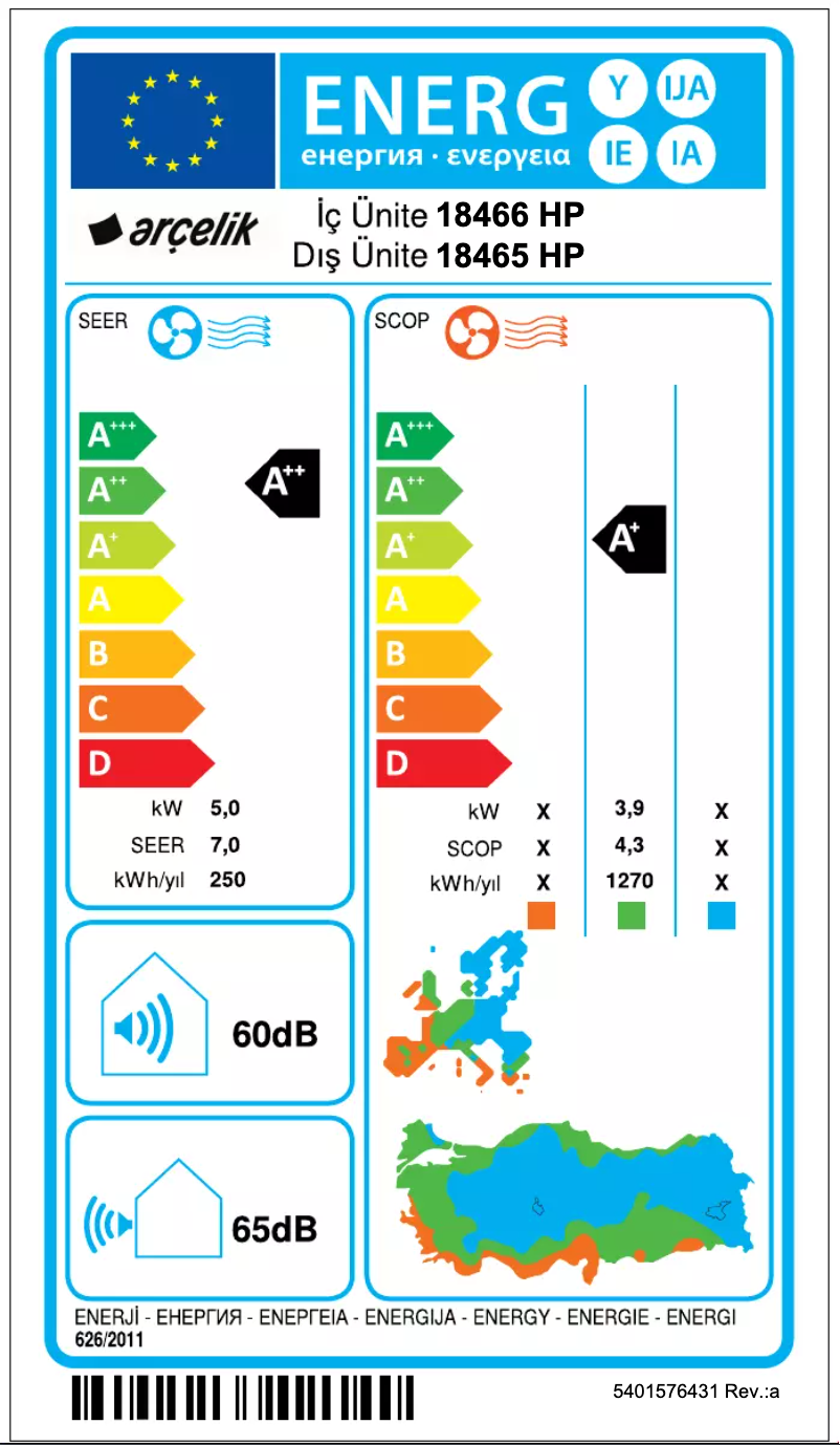 Page 1 de la notice Label énergétique Arçelik 18465 HP