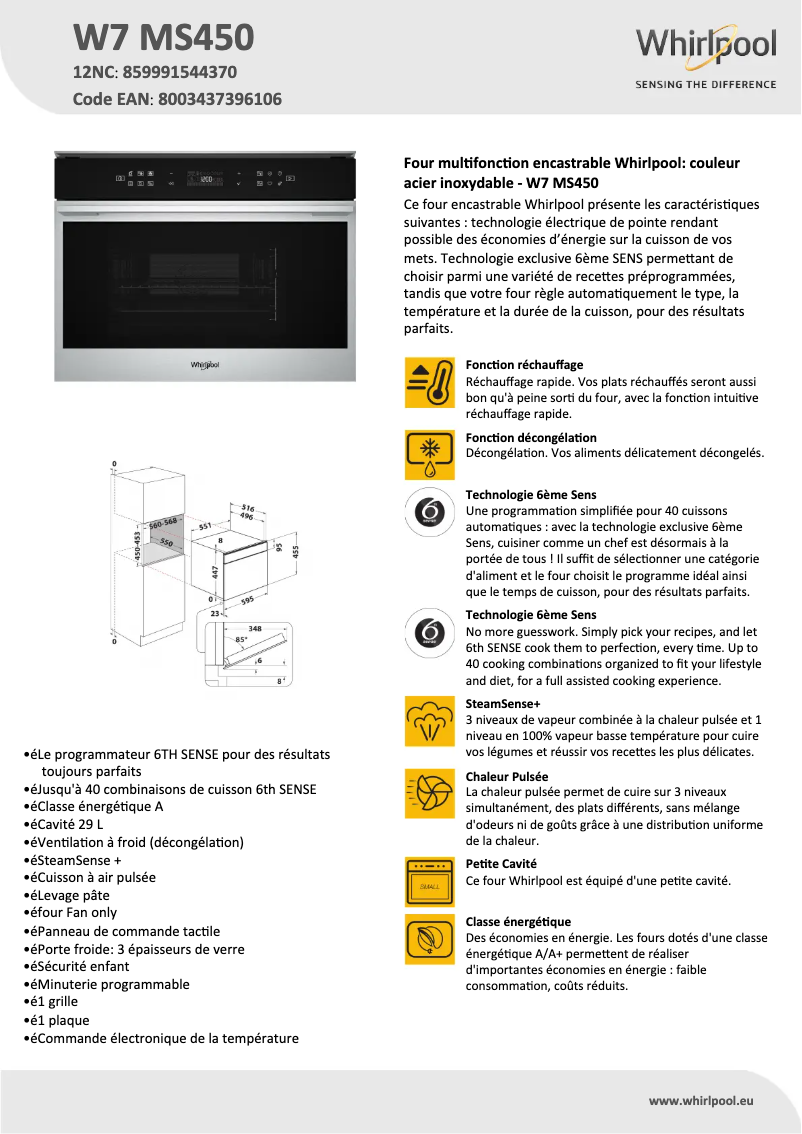Page 1 de la notice Fiche technique Whirlpool W7 MS450
