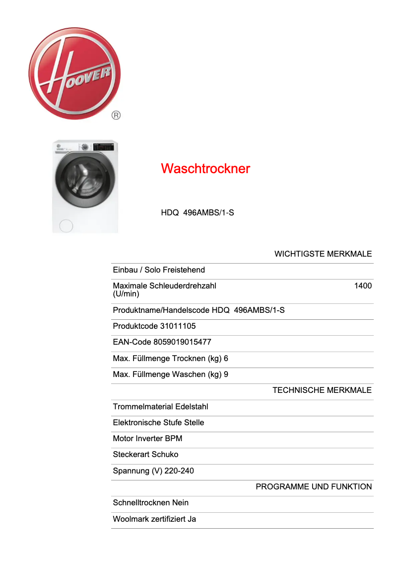 Page 1 de la notice Fiche technique Hoover H-WASH&DRY 500 HDQ 496AMBS/1-S