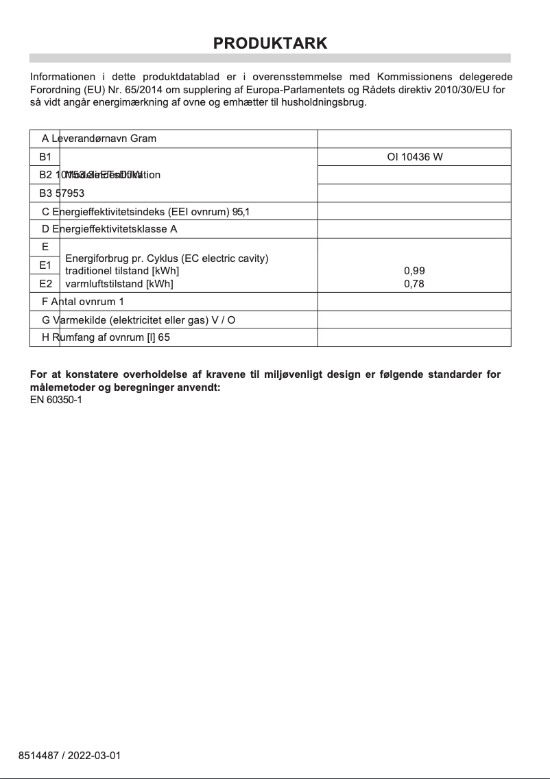 Page n°1 - Label énergétique Gram OI 10436 W