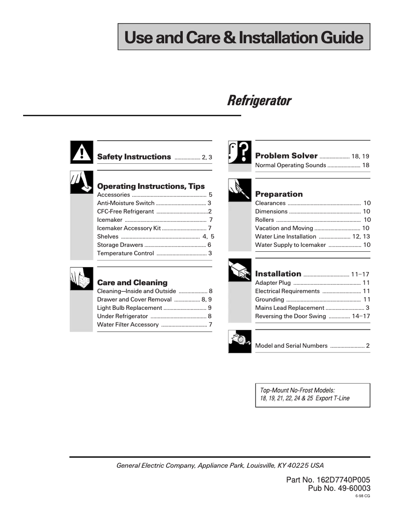 Page 1 of the manual Use and Maintenance Manual GE Profile TBT25PABWW