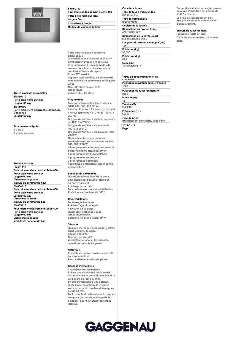 Page n°1 - Fiche technique Gaggenau BM450110