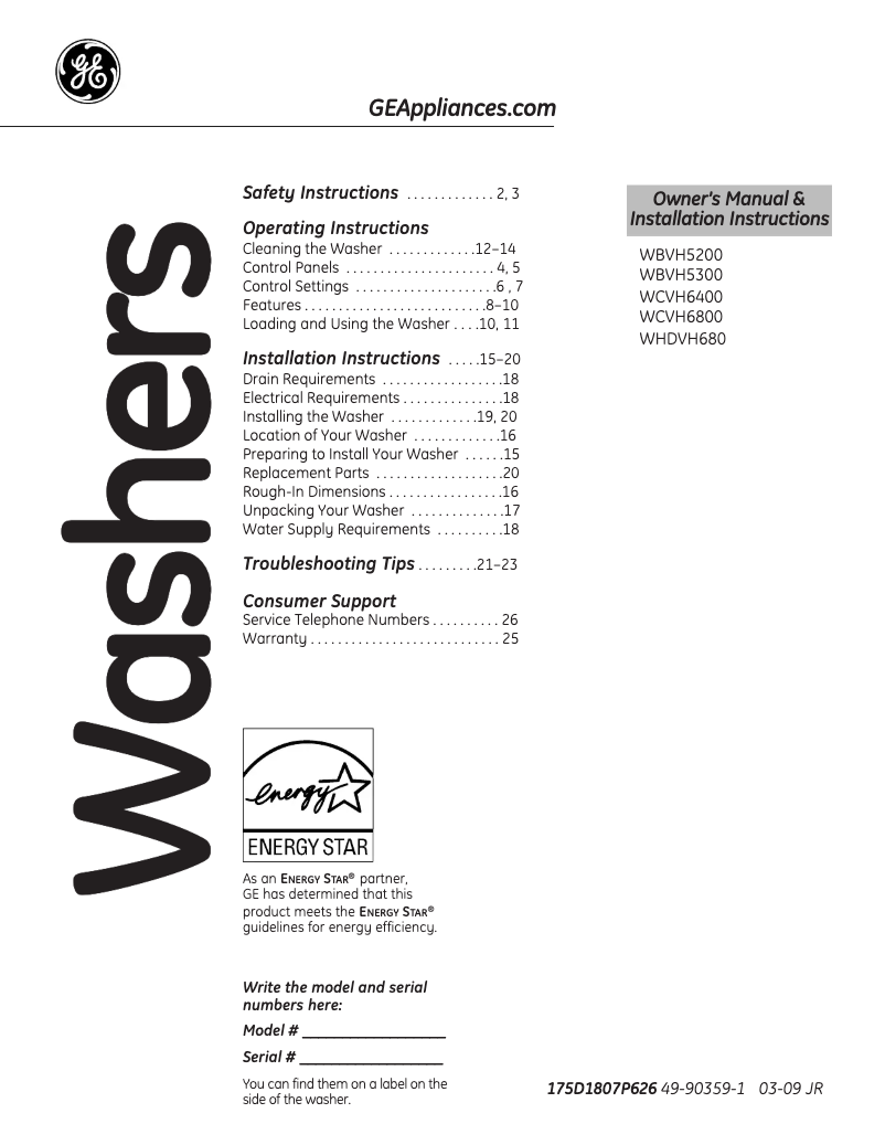 Page 1 de la notice Manuel utilisateur GE WBVH5300KWW