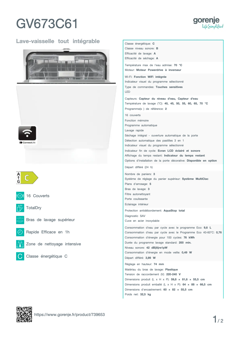 Page n°1 - Fiche technique Gorenje GV673C61