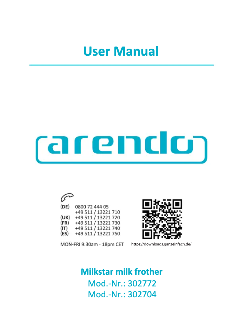 Page 1 de la notice Manuel utilisateur Arendo Milkstar 302704