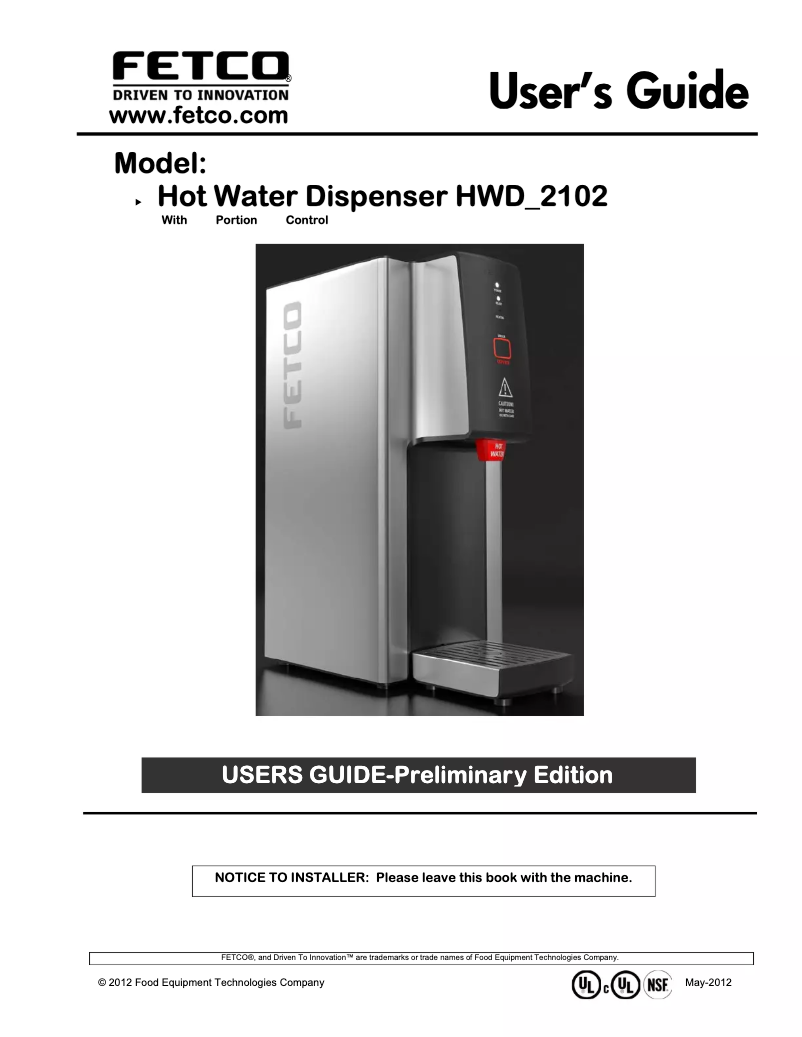 Page 1 de la notice Manuel utilisateur Fetco HWD-2102