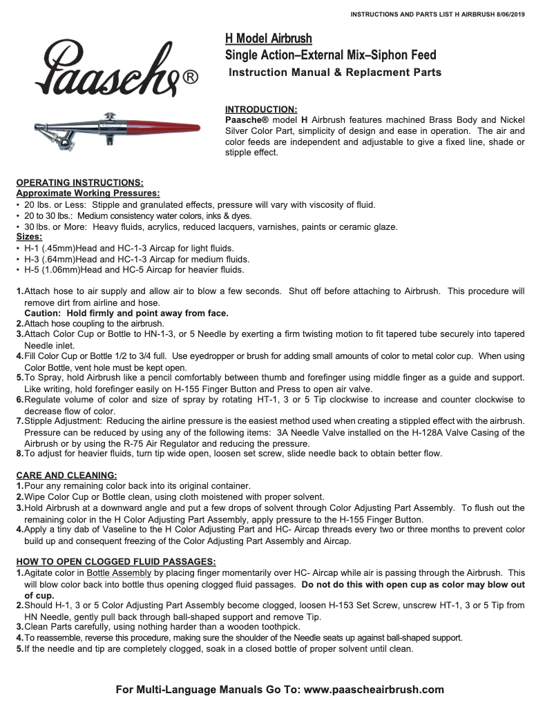 Page 1 de la notice Manuel utilisateur Paasche H-1AS