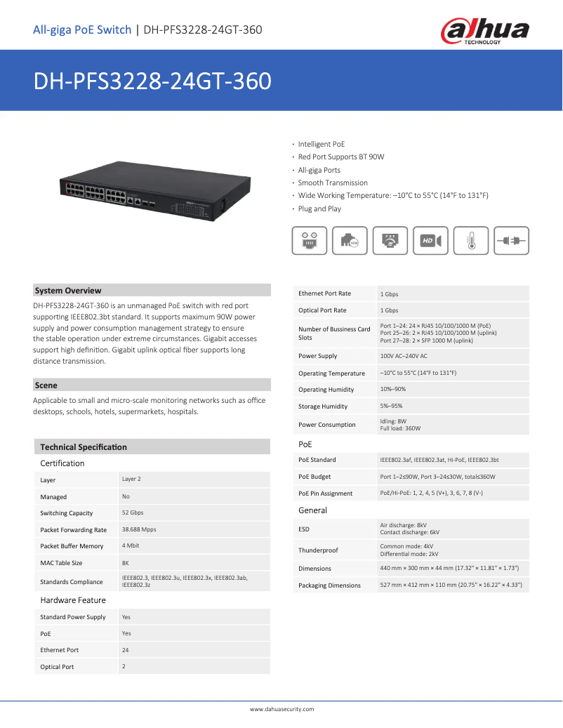 Page 1 de la notice Fiche technique Dahua Technology PFS3228-24GT-360