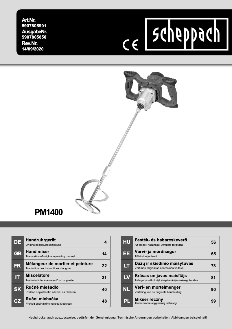 Page 1 de la notice Manuel utilisateur Scheppach PM1400