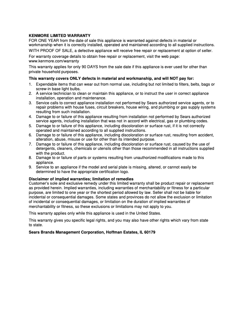 Page 1 de la notice Informations de garantie Kenmore 125.10701610